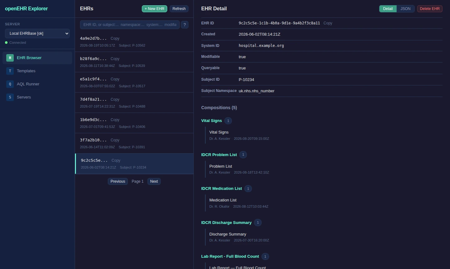 EHR Browser showing a paginated list of EHRs on the left and a selected EHR's details plus grouped compositions on the right