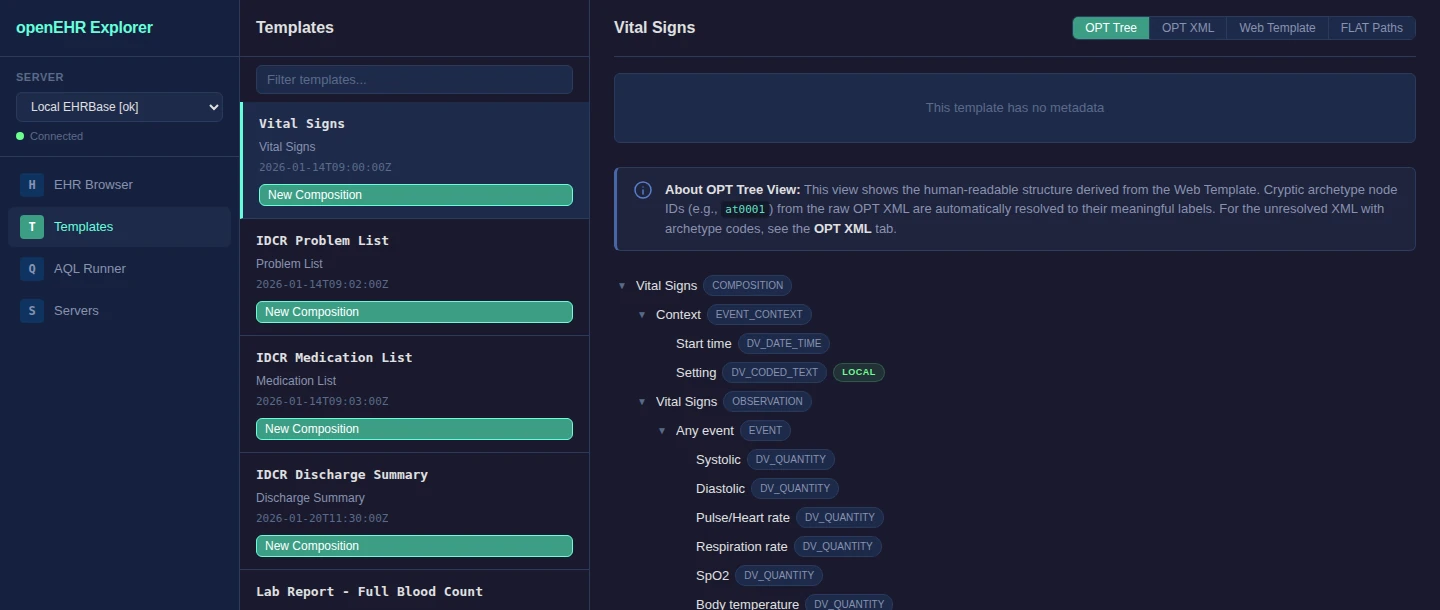 Template Browser showing the list of templates on a server and an interactive OPT tree for the selected template