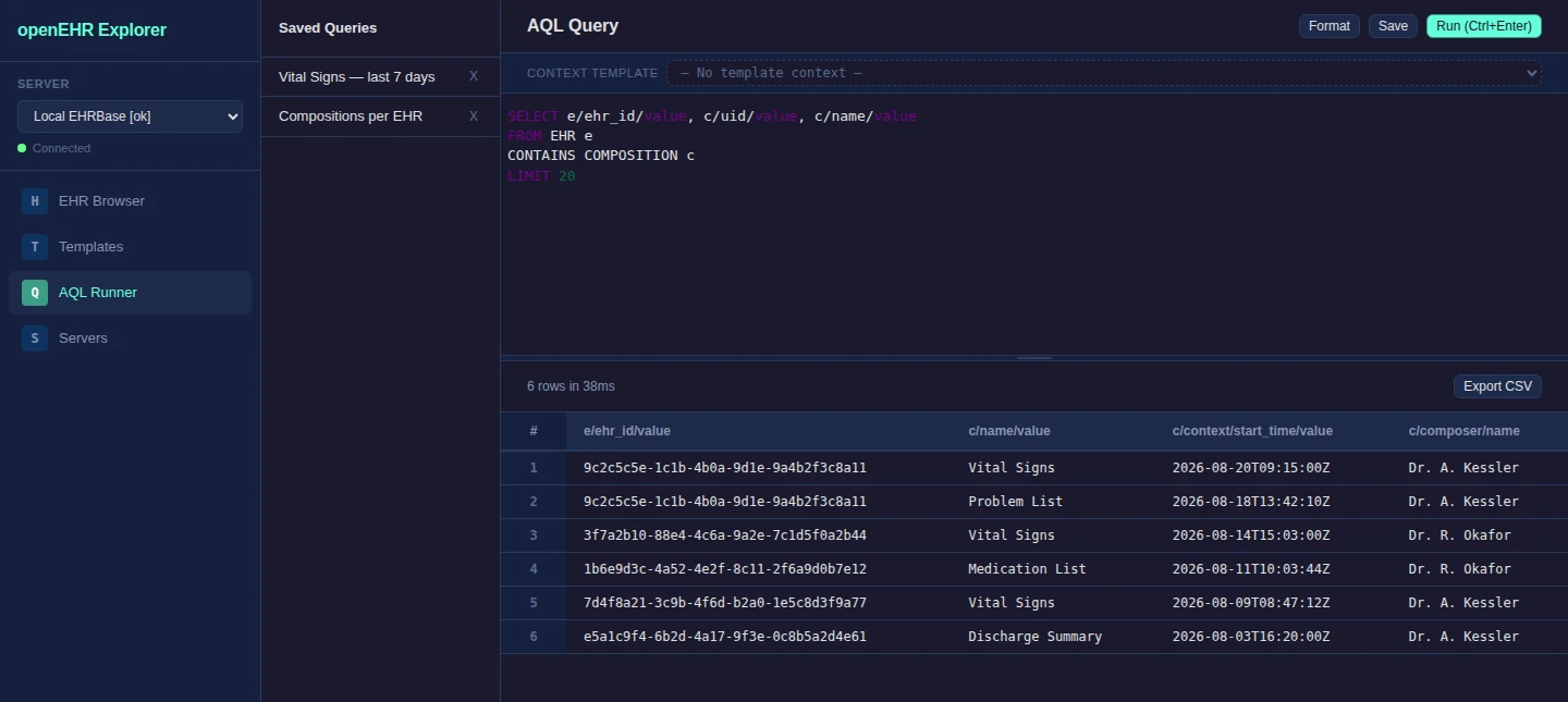 AQL Runner showing a query editor with a SELECT query and a tabular result set below it